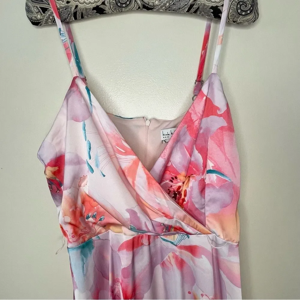 Nicole Miller Floral Dress Maxi Slip Long Sleeveless Satin Silky New Pink Small - Picture 4 of 14